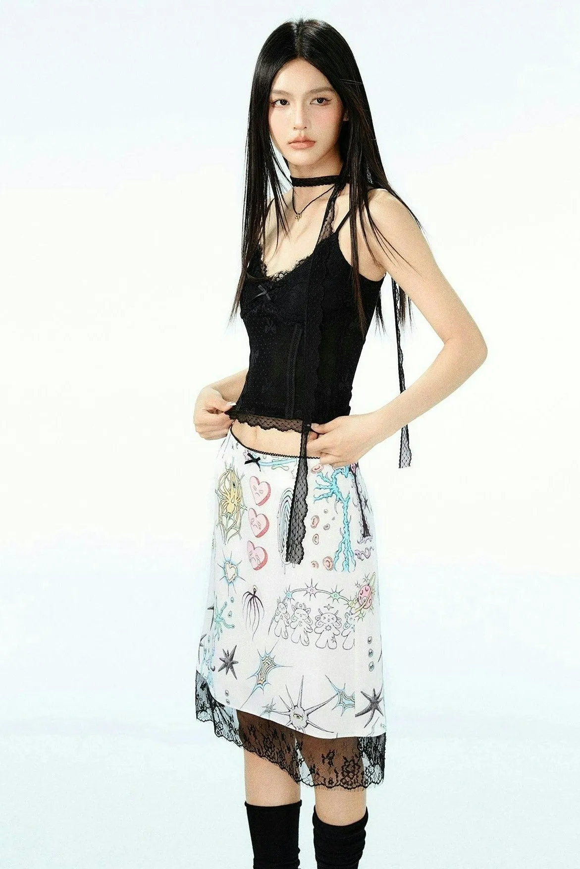 Lace Trimmed Wrap-Scarf Corset Crop Top