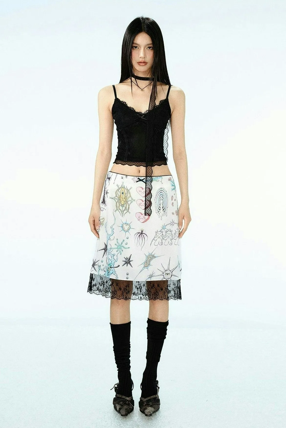 Lace Trimmed Wrap-Scarf Corset Crop Top