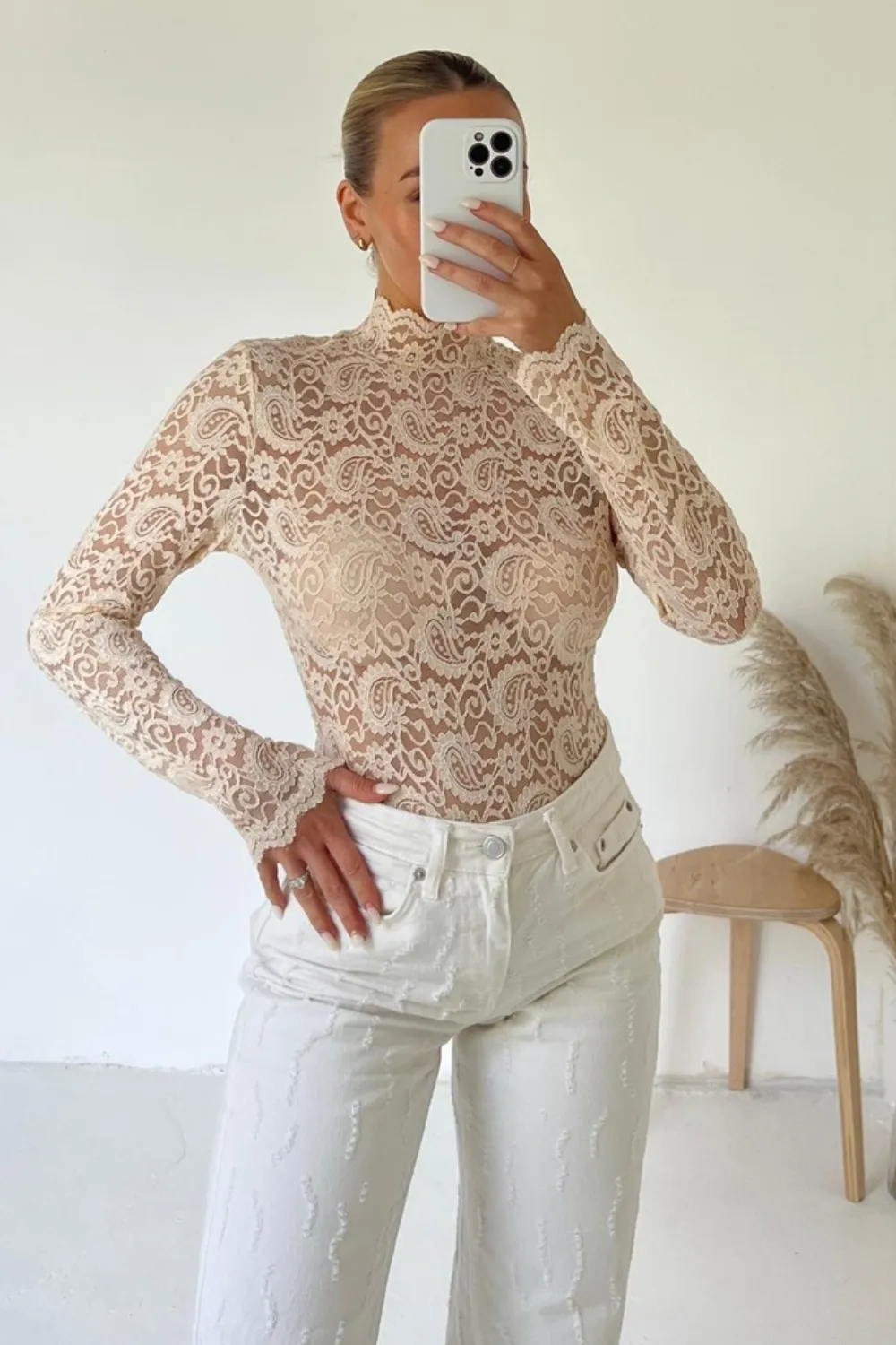 Lana cream lace long sleeve top