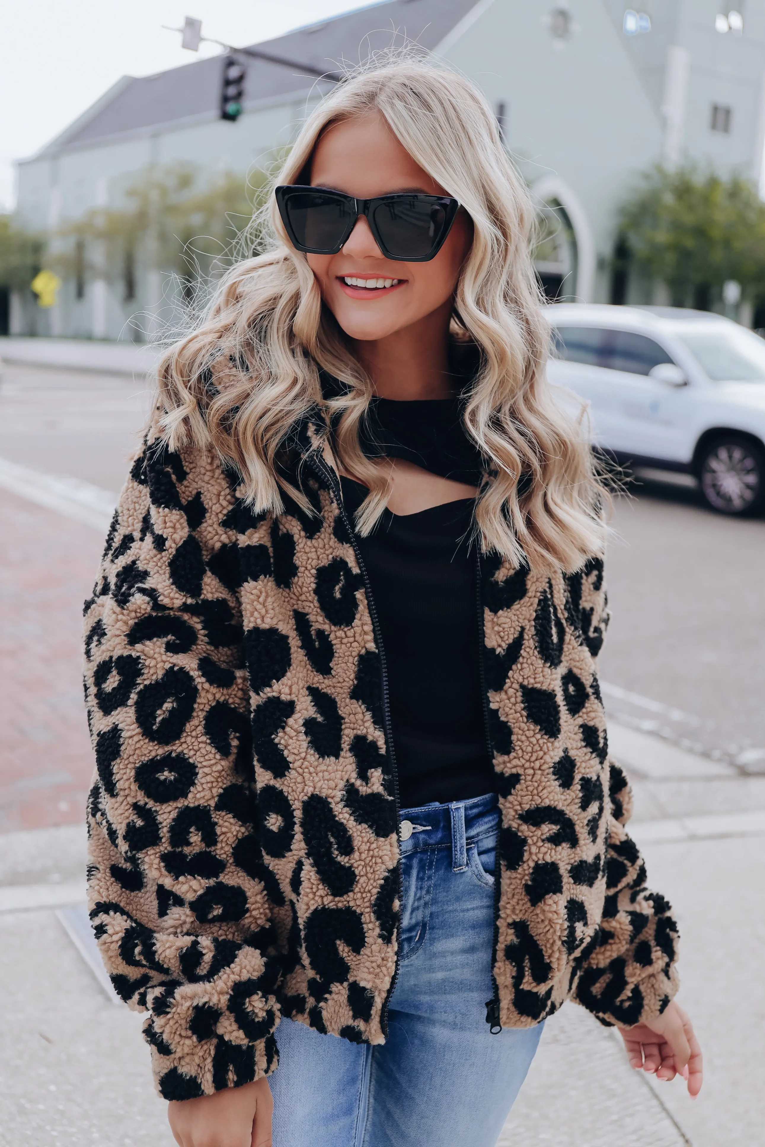Leopard Print Sherpa Jacket - Mocha