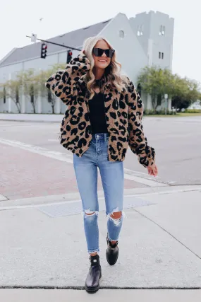 Leopard Print Sherpa Jacket - Mocha