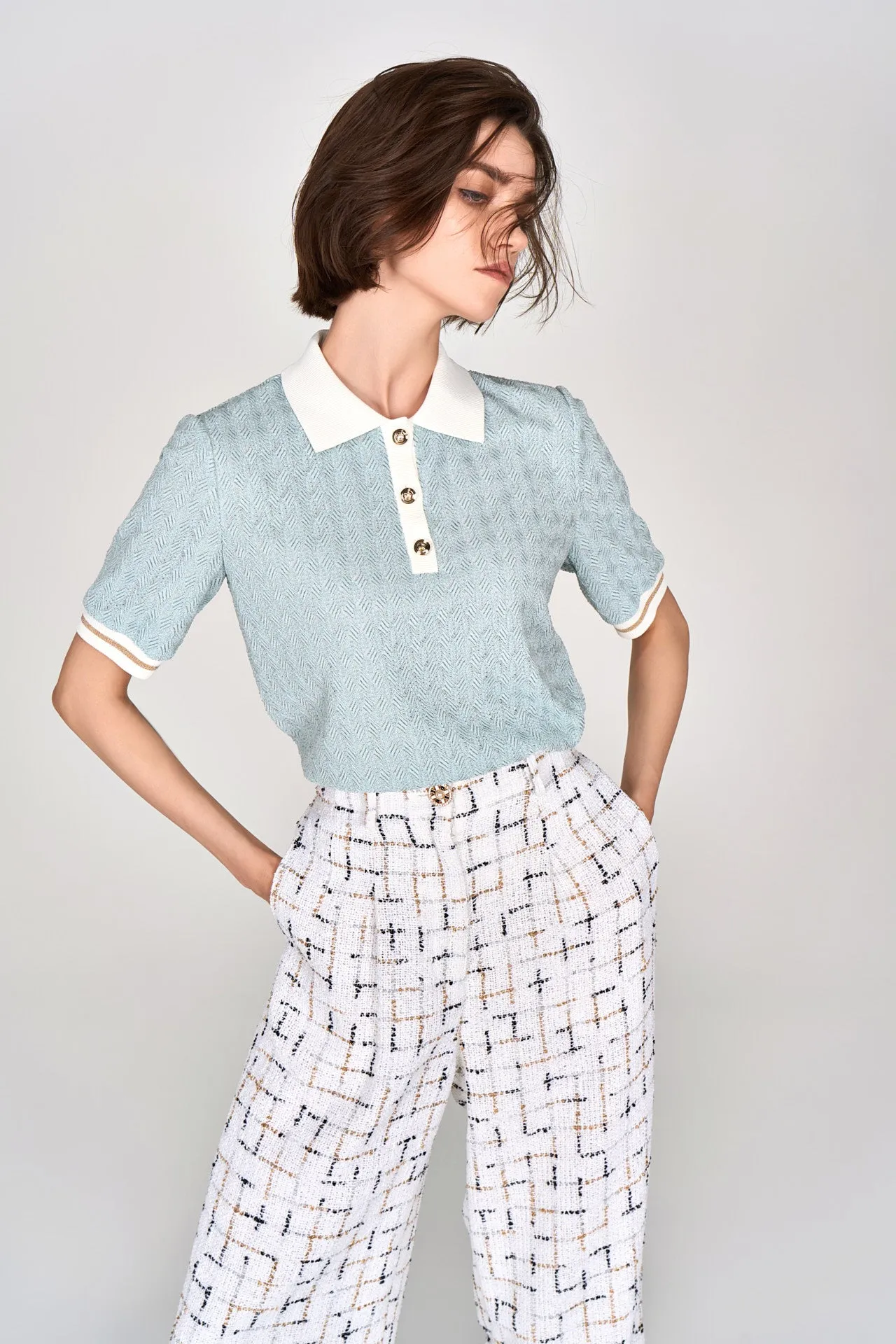 Light Blue Knit Pattern Polo Shirt
