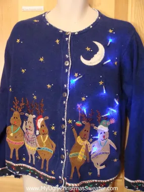 Light Up Christmas Sweater Dancing Reindeer at Nighttime