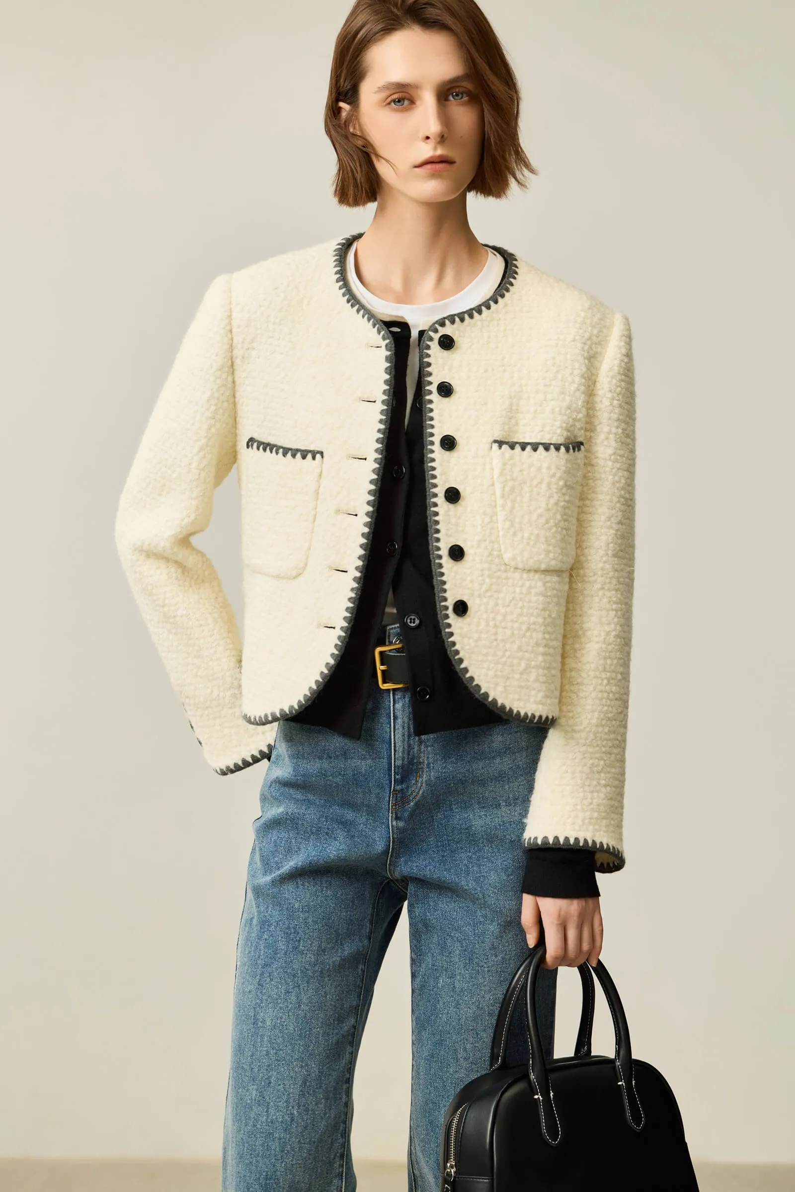 LILY Textured Color-Block Tweed Short Jacket