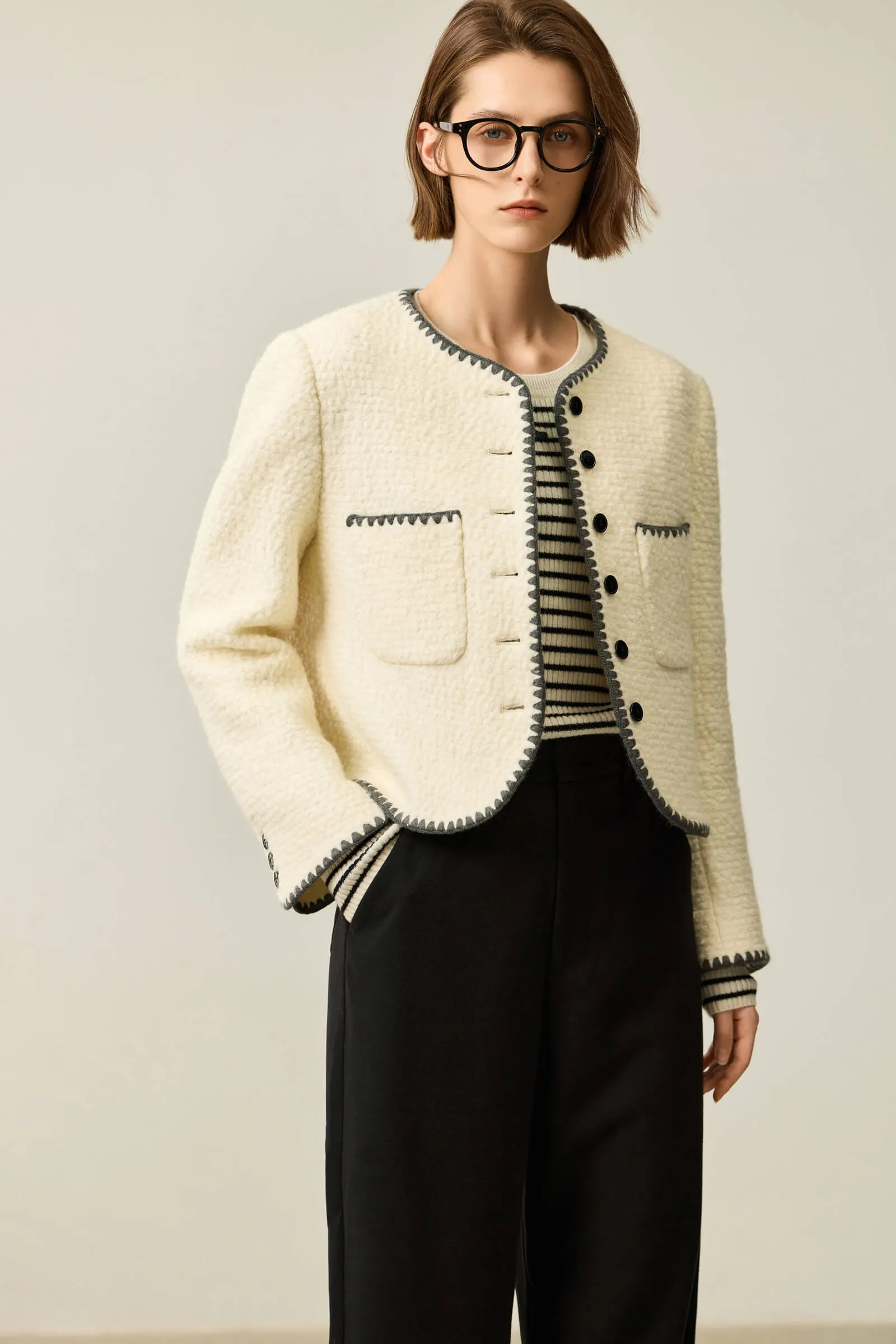 LILY Textured Color-Block Tweed Short Jacket