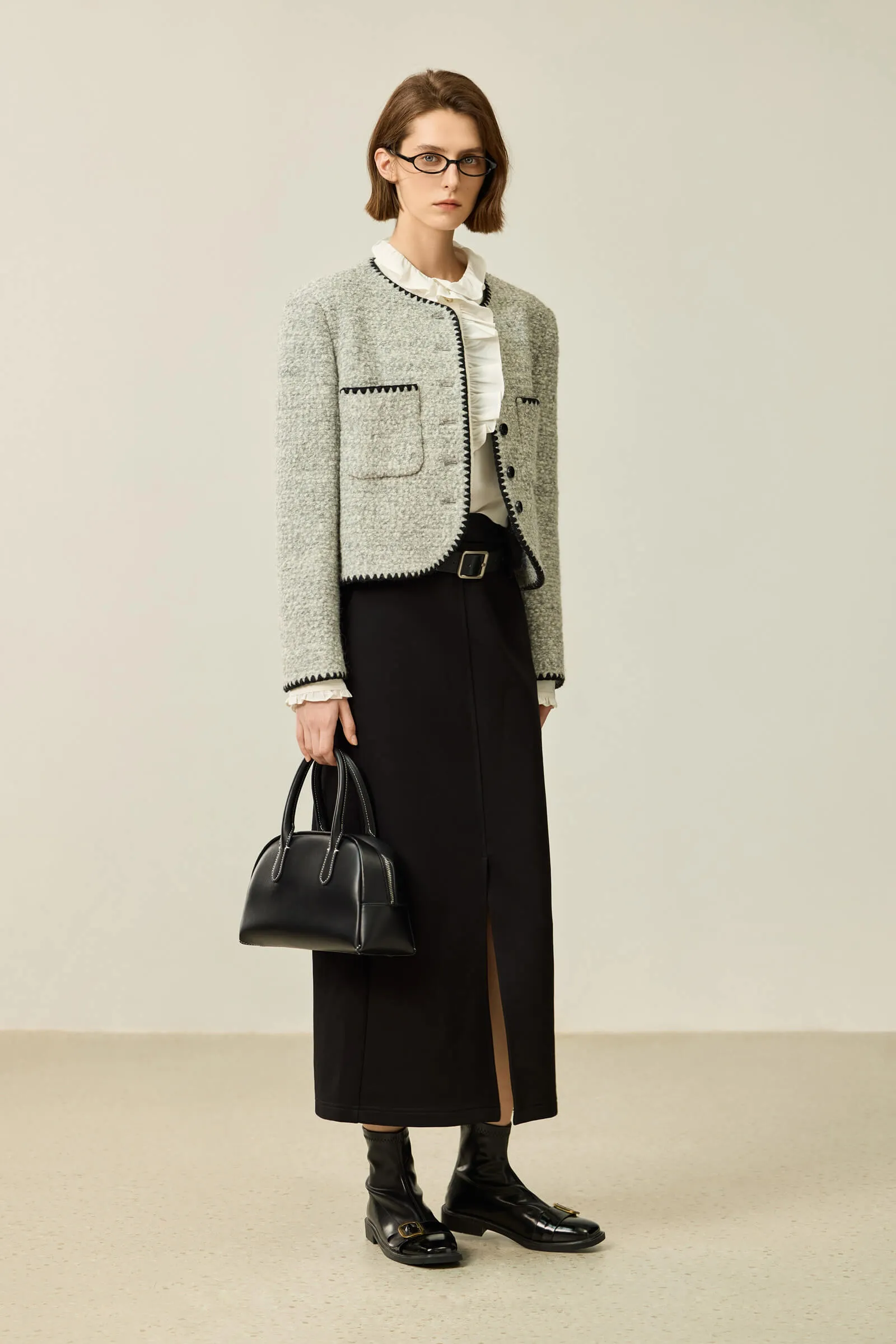 LILY Textured Color-Block Tweed Short Jacket