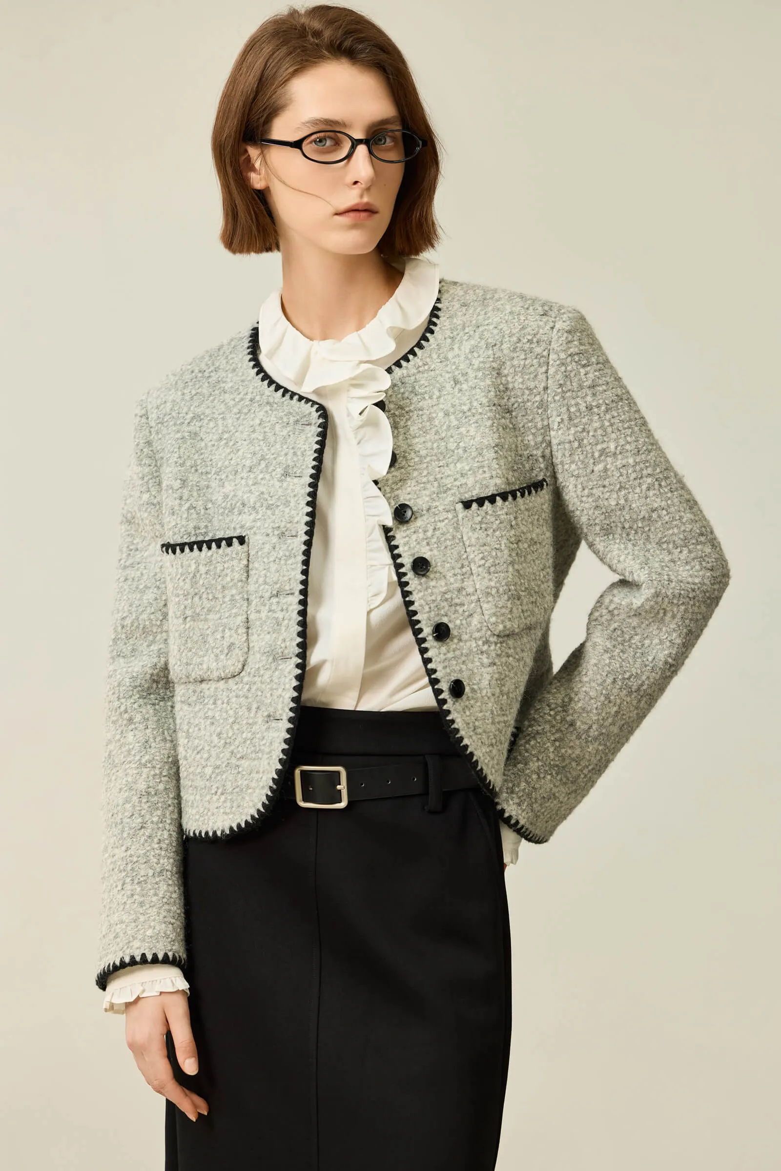 LILY Textured Color-Block Tweed Short Jacket