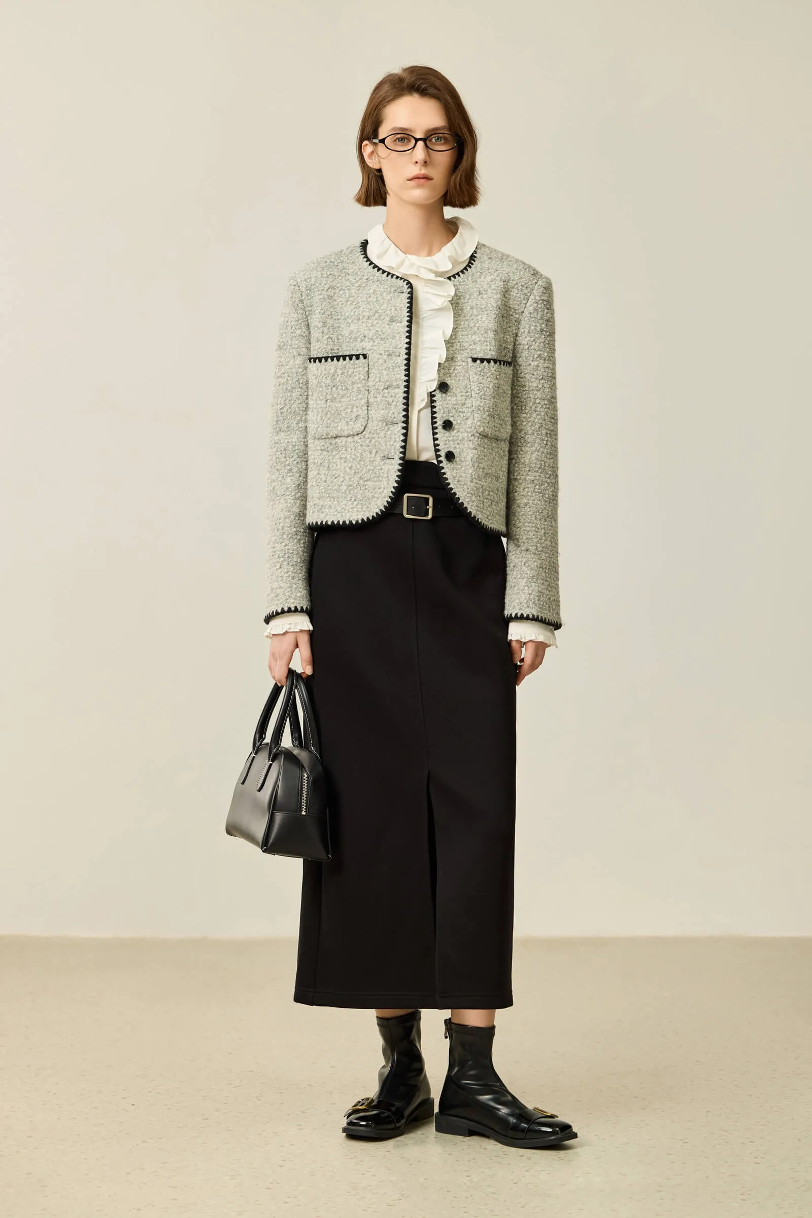 LILY Textured Color-Block Tweed Short Jacket