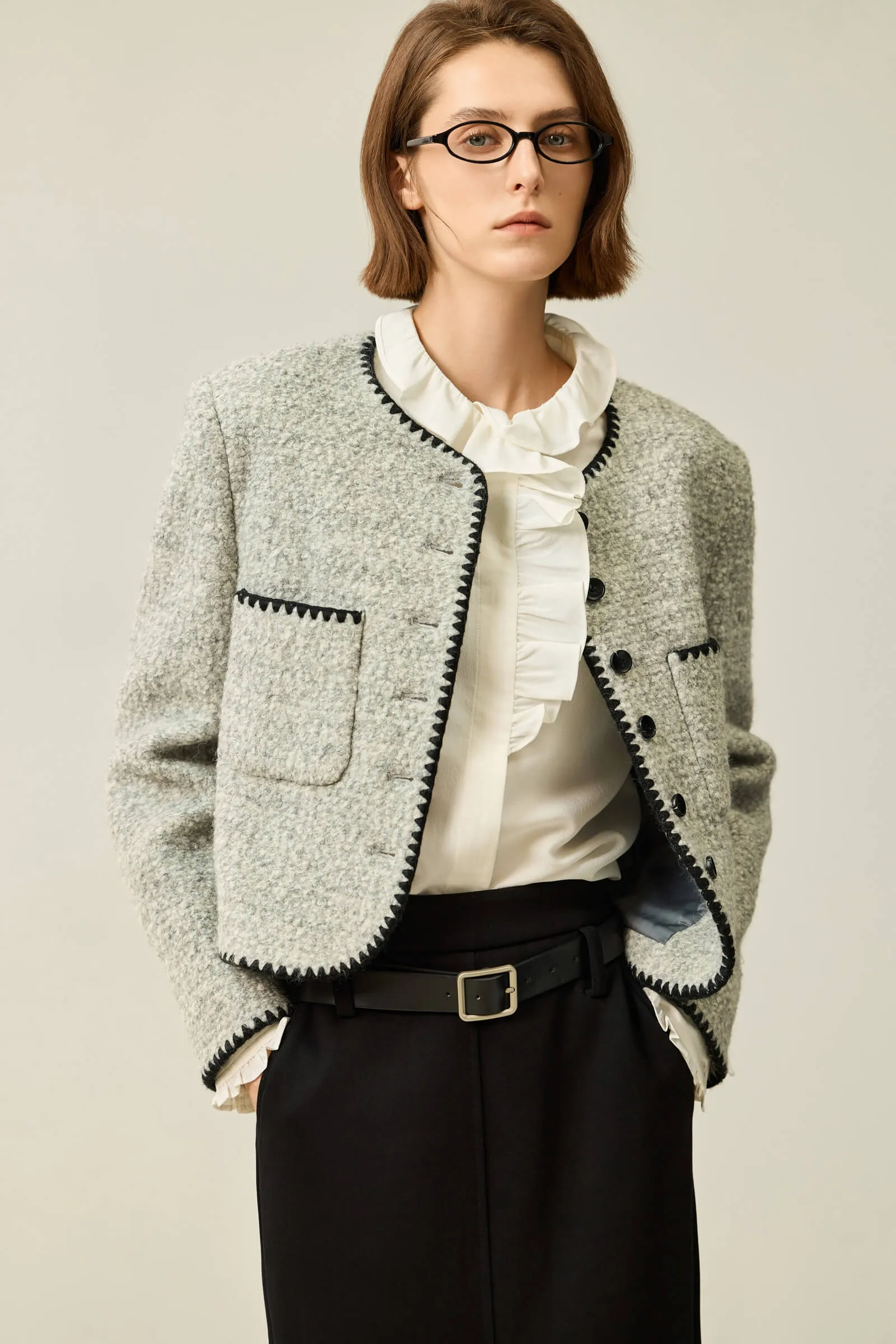 LILY Textured Color-Block Tweed Short Jacket