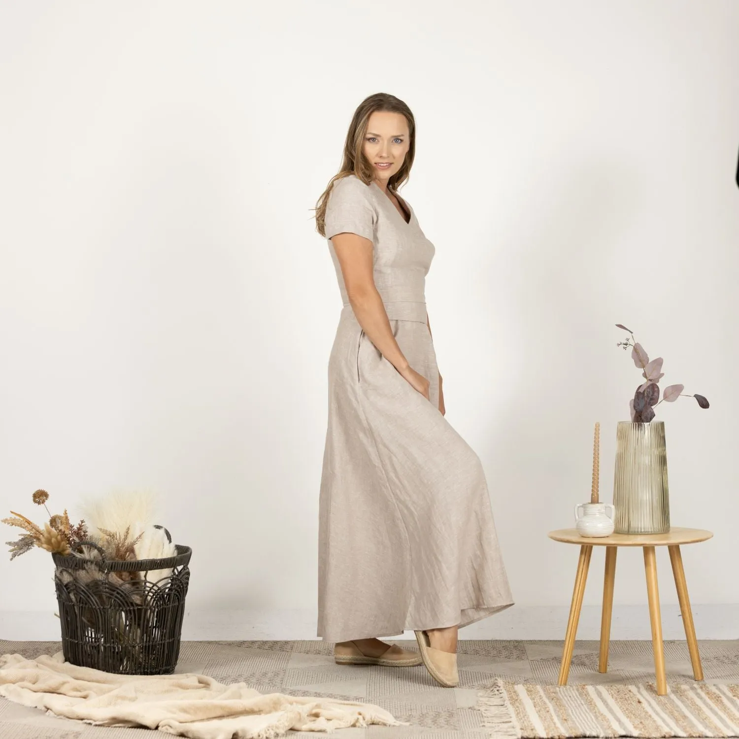 Linen Wrap Around Dress with Waist Tie