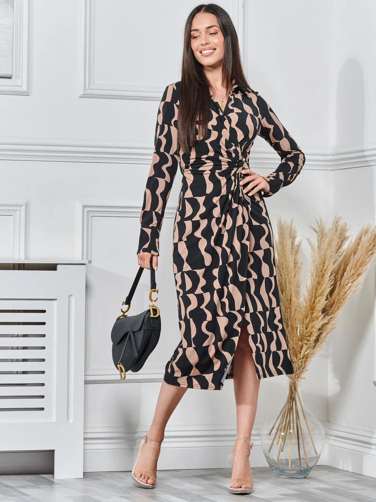 Long Sleeve Printed Jersey Shirt Dress, Brown Pattern
