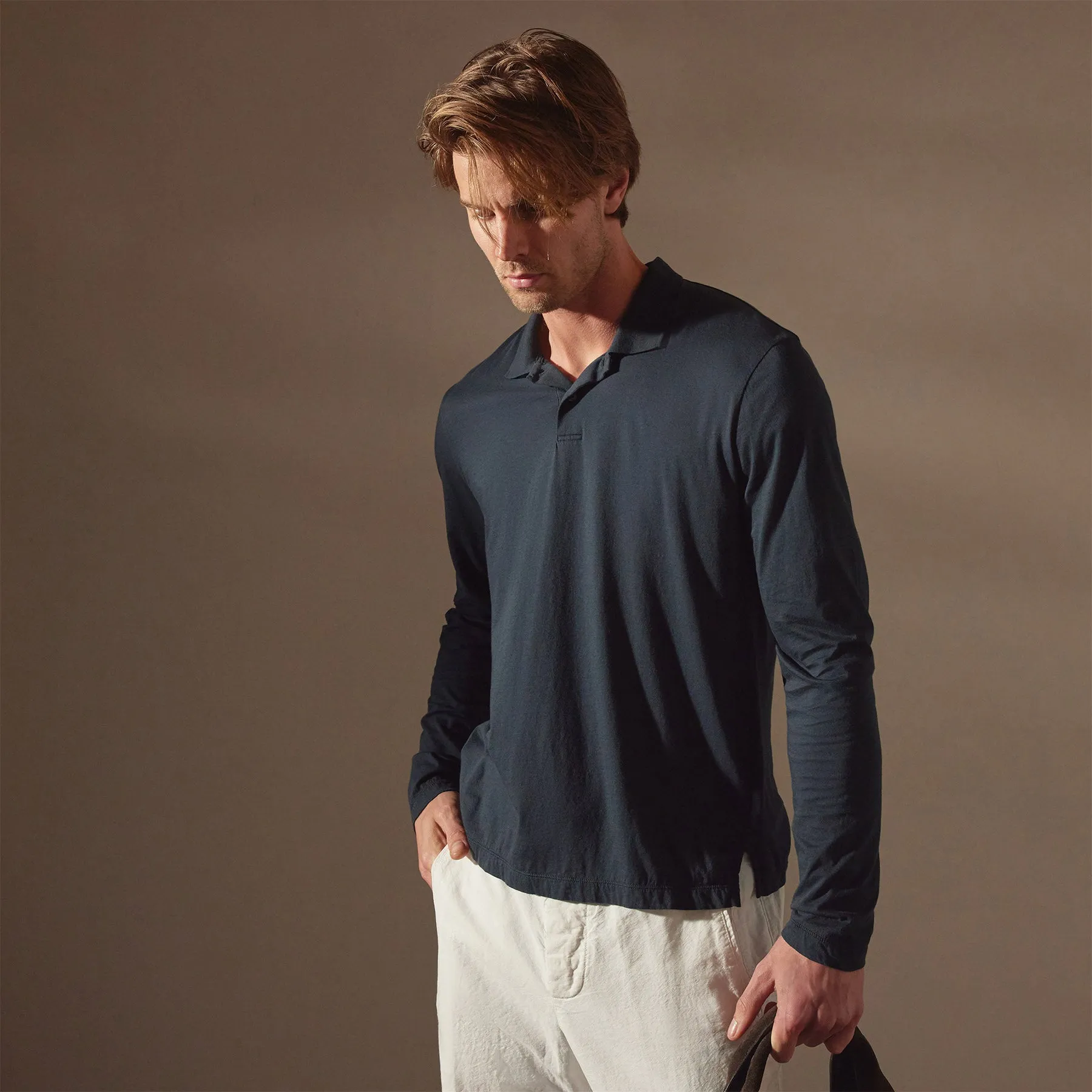 Luxe Lotus Jersey Long Sleeve Polo - French Navy