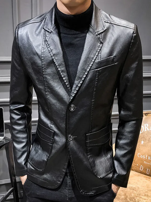 Men's Fashion Slim Fit PU Leather Suit Jacket