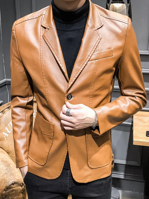 Men's Fashion Slim Fit PU Leather Suit Jacket