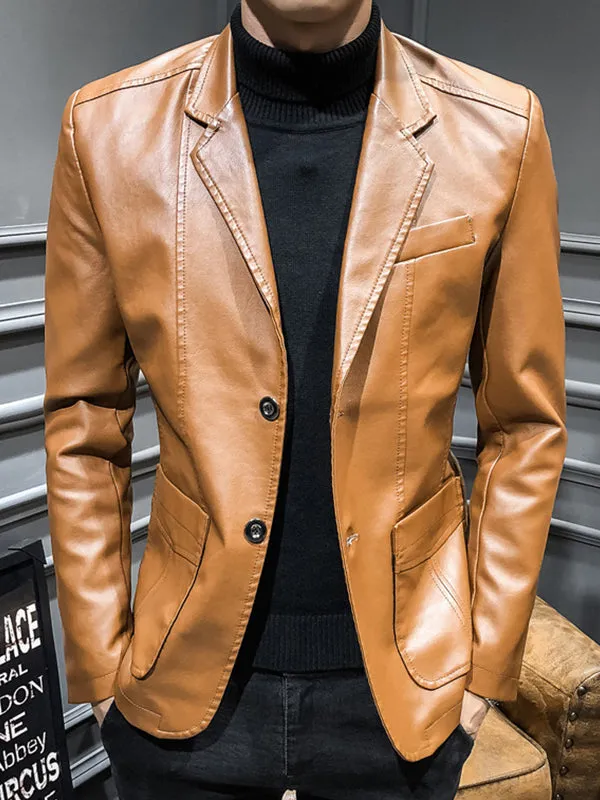 Men's Fashion Slim Fit PU Leather Suit Jacket