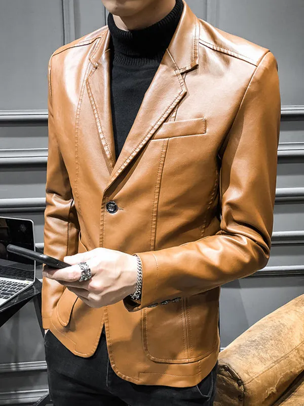 Men's Fashion Slim Fit PU Leather Suit Jacket