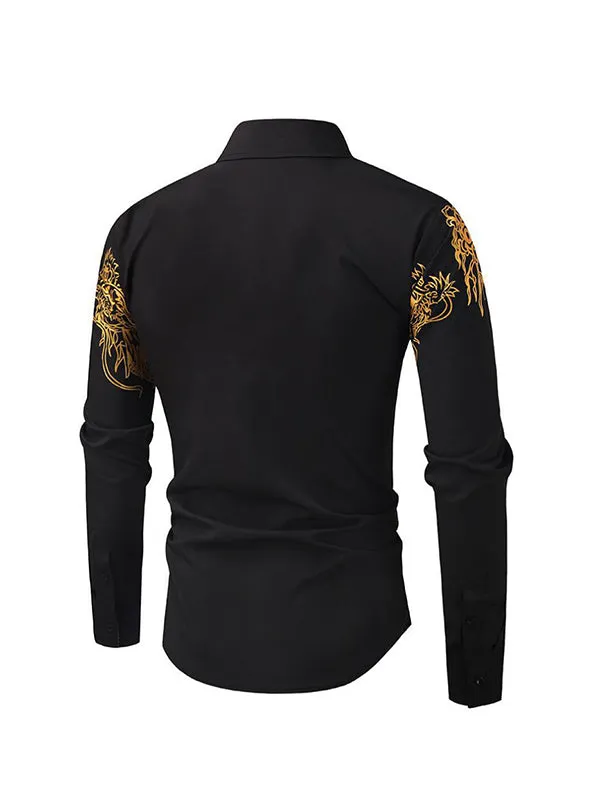 Men's Gold-stamped Dragon Print Lapel Long Sleeve Shirt