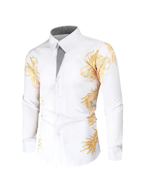 Men's Gold-stamped Dragon Print Lapel Long Sleeve Shirt