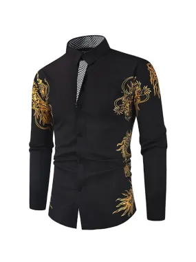 Men's Gold-stamped Dragon Print Lapel Long Sleeve Shirt