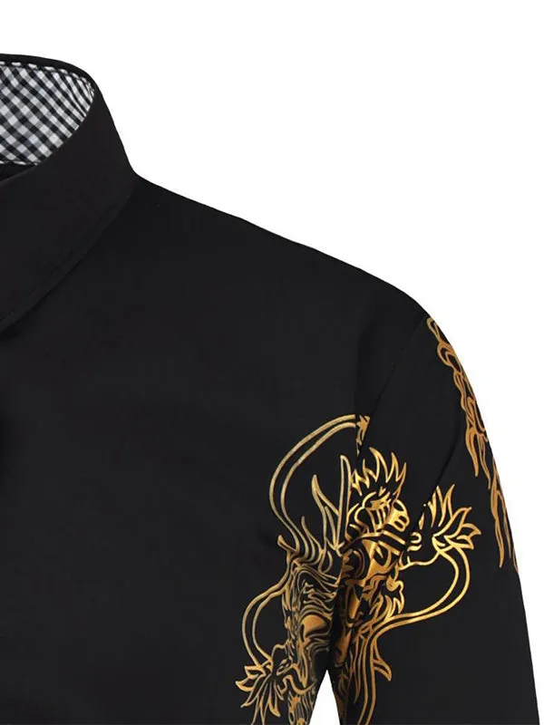 Men's Gold-stamped Dragon Print Lapel Long Sleeve Shirt