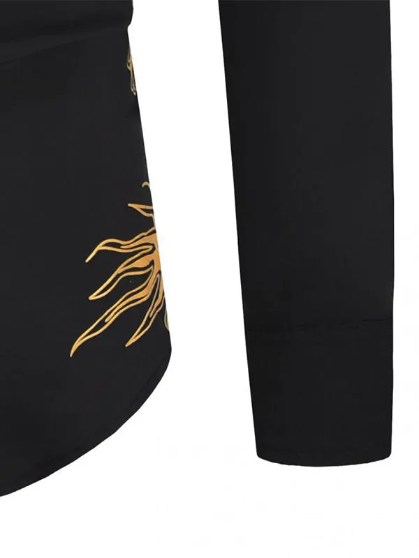 Men's Gold-stamped Dragon Print Lapel Long Sleeve Shirt