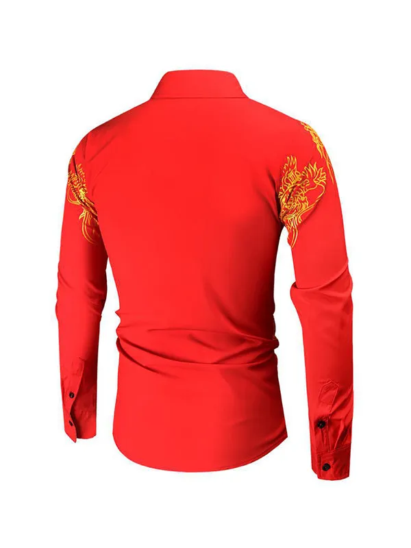 Men's Gold-stamped Dragon Print Lapel Long Sleeve Shirt