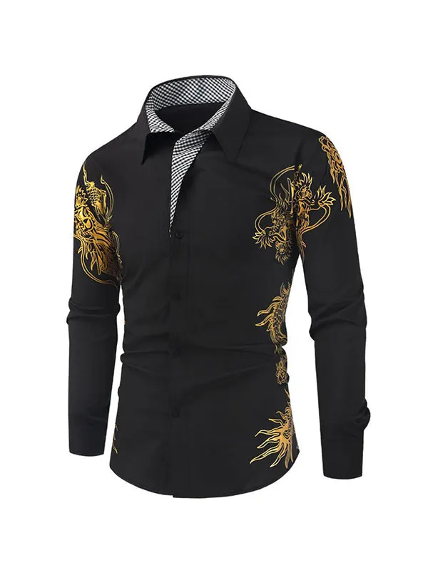 Men's Gold-stamped Dragon Print Lapel Long Sleeve Shirt
