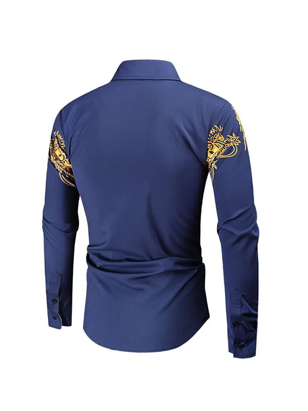 Men's Gold-stamped Dragon Print Lapel Long Sleeve Shirt