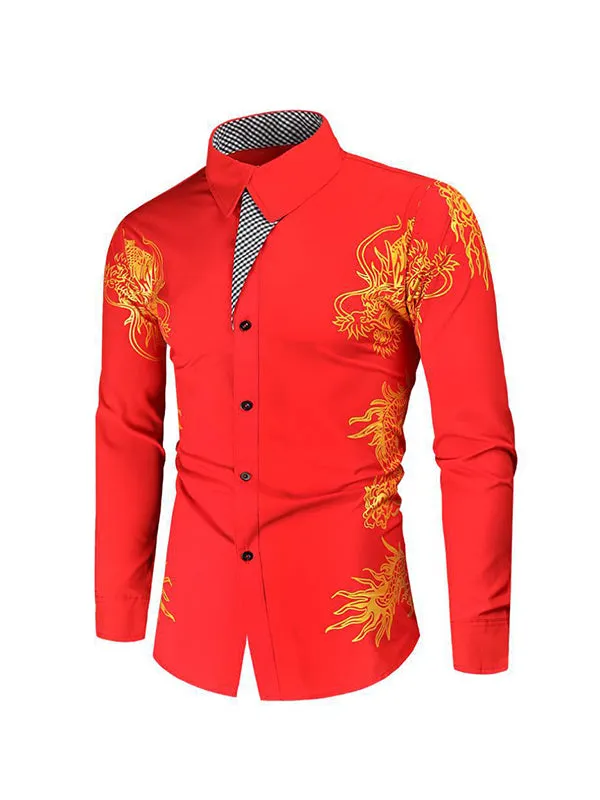 Men's Gold-stamped Dragon Print Lapel Long Sleeve Shirt