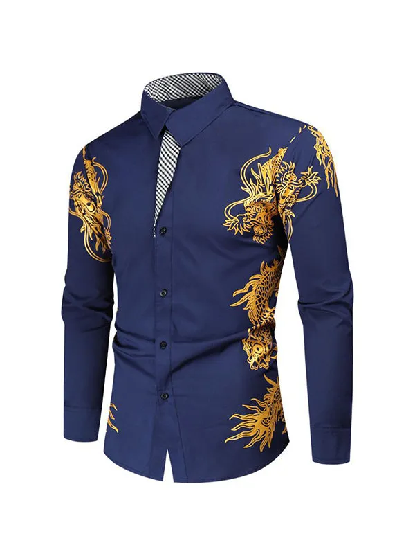 Men's Gold-stamped Dragon Print Lapel Long Sleeve Shirt