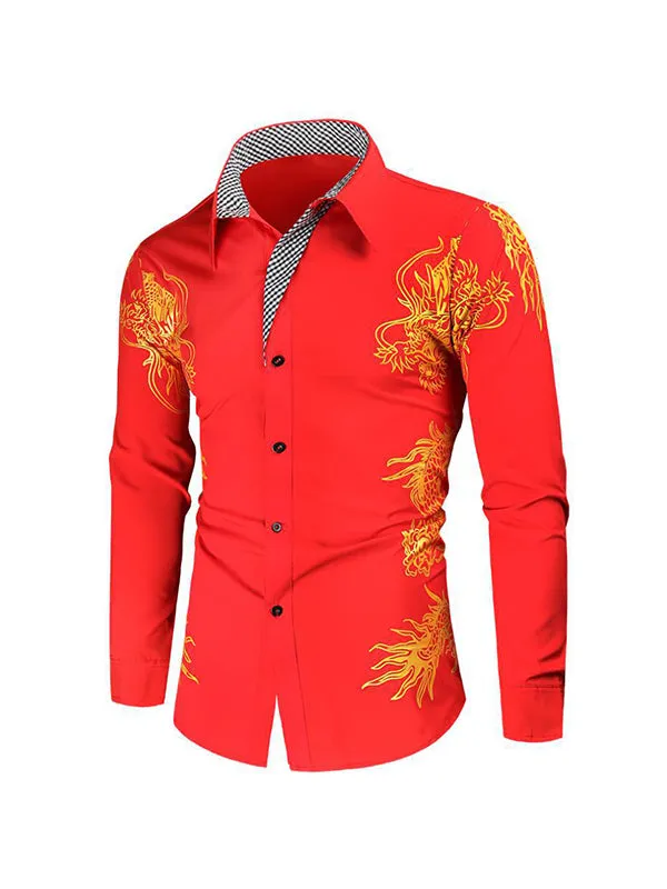 Men's Gold-stamped Dragon Print Lapel Long Sleeve Shirt