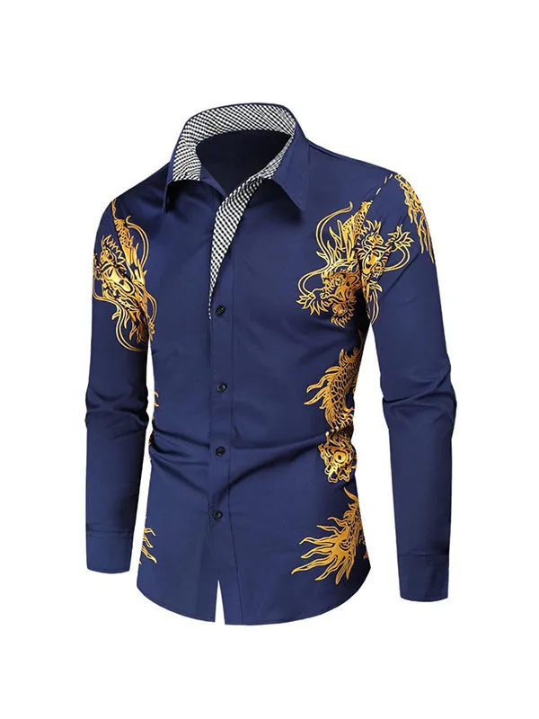 Men's Gold-stamped Dragon Print Lapel Long Sleeve Shirt