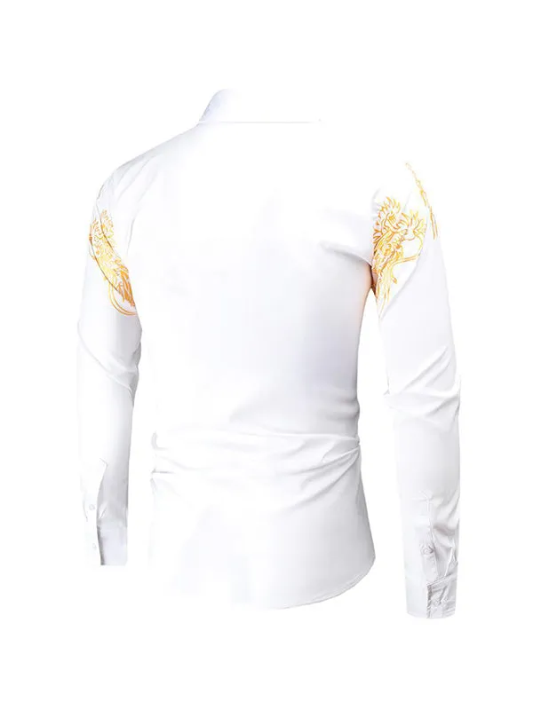 Men's Gold-stamped Dragon Print Lapel Long Sleeve Shirt