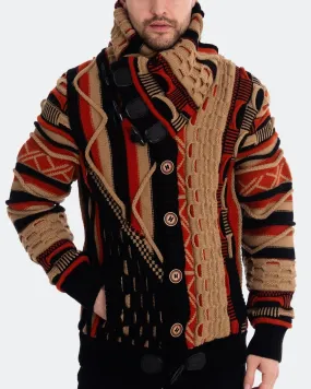 Men's Heavyweight Multi-Patterned Knit Sweater – Tan, Red, and Black
