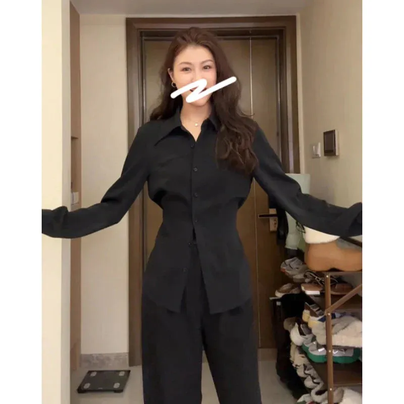 Metaversmall Slim Waist Sexy Fashion Female Shirts Solid Color Polo Neck Lace-up Women's Shirt White Black Blue Elegant Basic Shirts