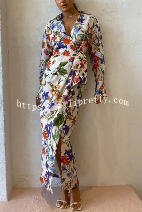 Modern Romantic Linen Blend Floral Print Wrap Shirt Maxi Dress