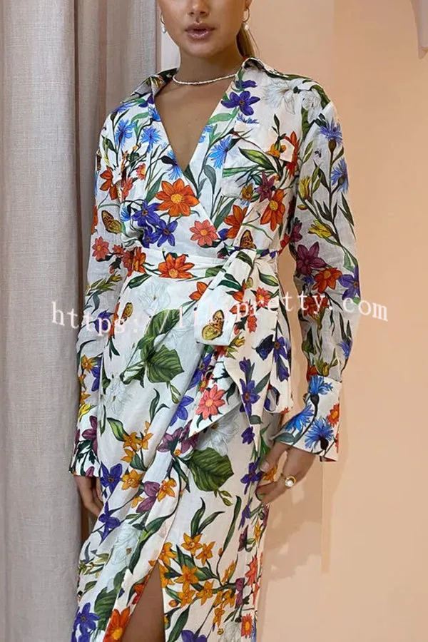 Modern Romantic Linen Blend Floral Print Wrap Shirt Maxi Dress