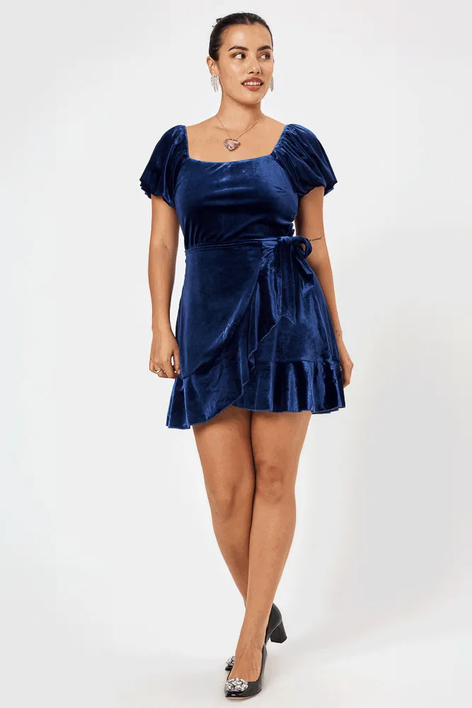 Navy Velvet Puff Sleeve Wrap Dress