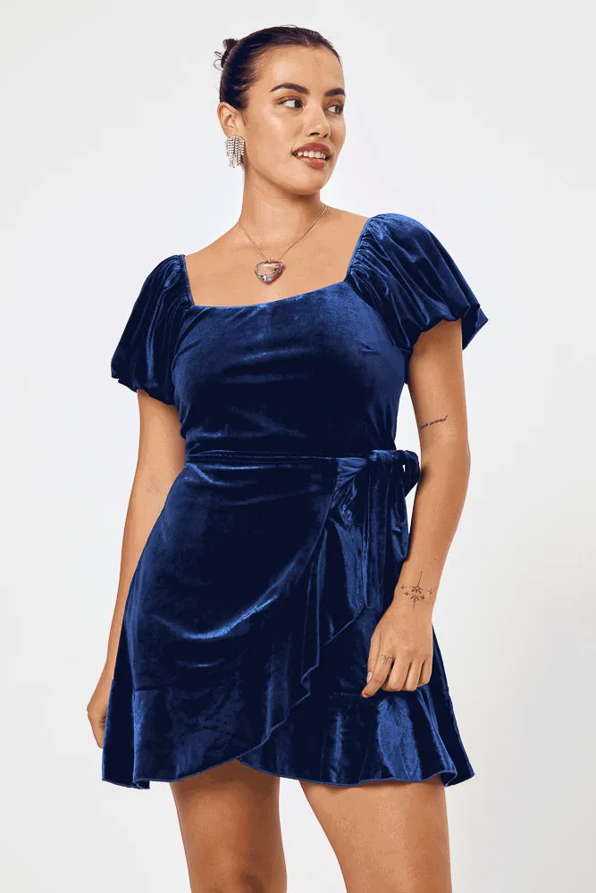 Navy Velvet Puff Sleeve Wrap Dress