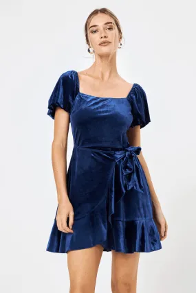 Navy Velvet Puff Sleeve Wrap Dress