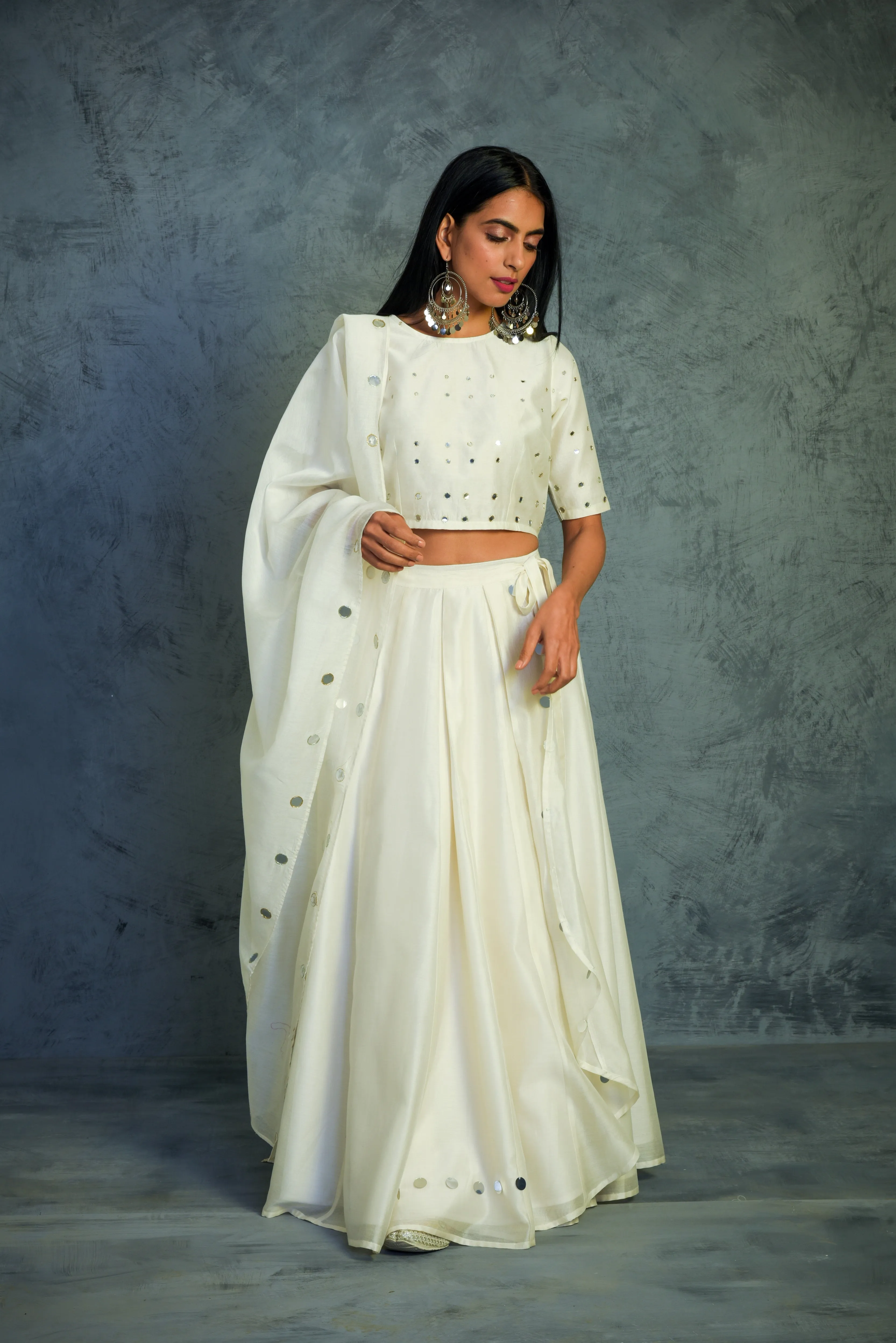 Off White Crop-top Wrap Lehenga - Set of 3