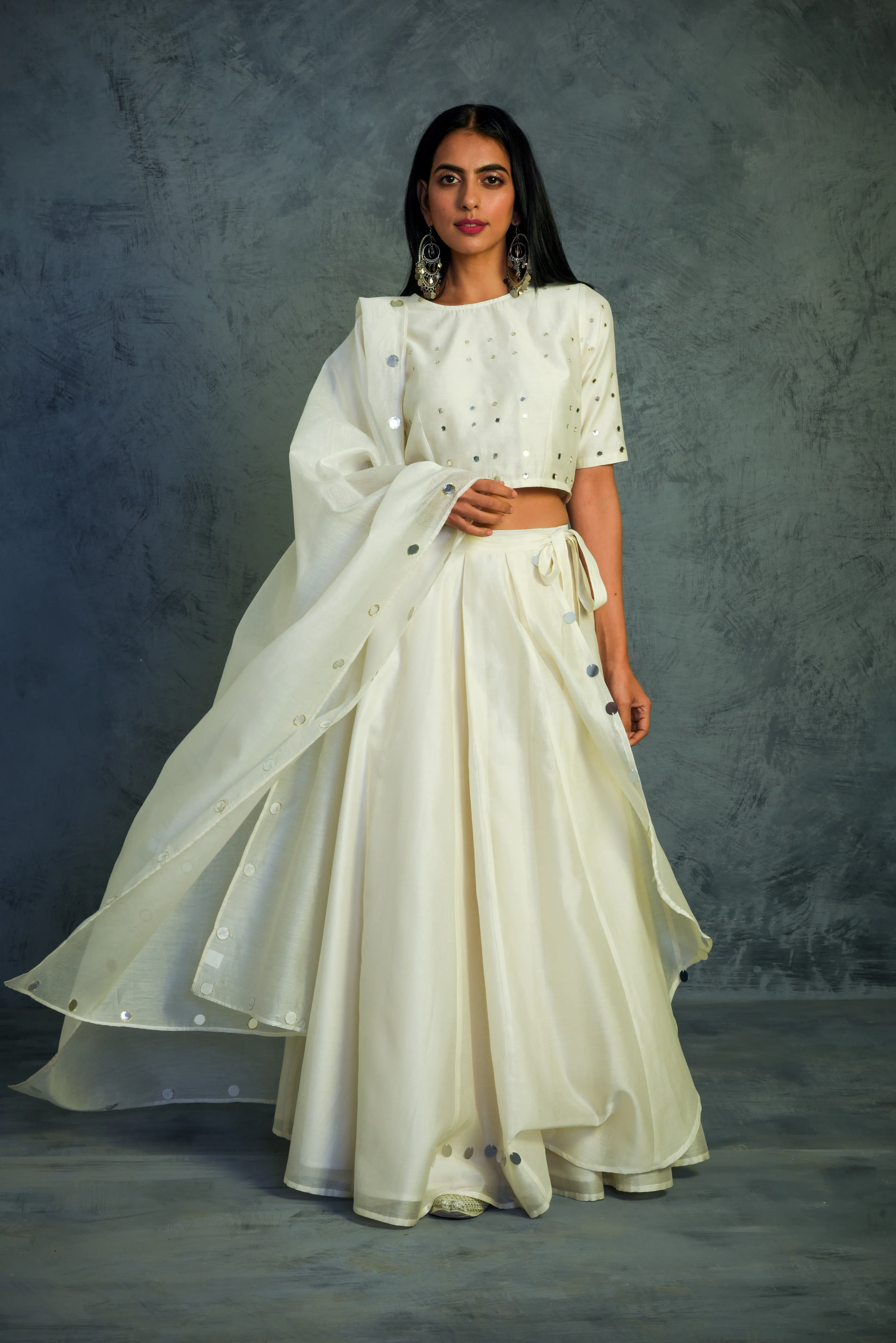 Off White Crop-top Wrap Lehenga - Set of 3