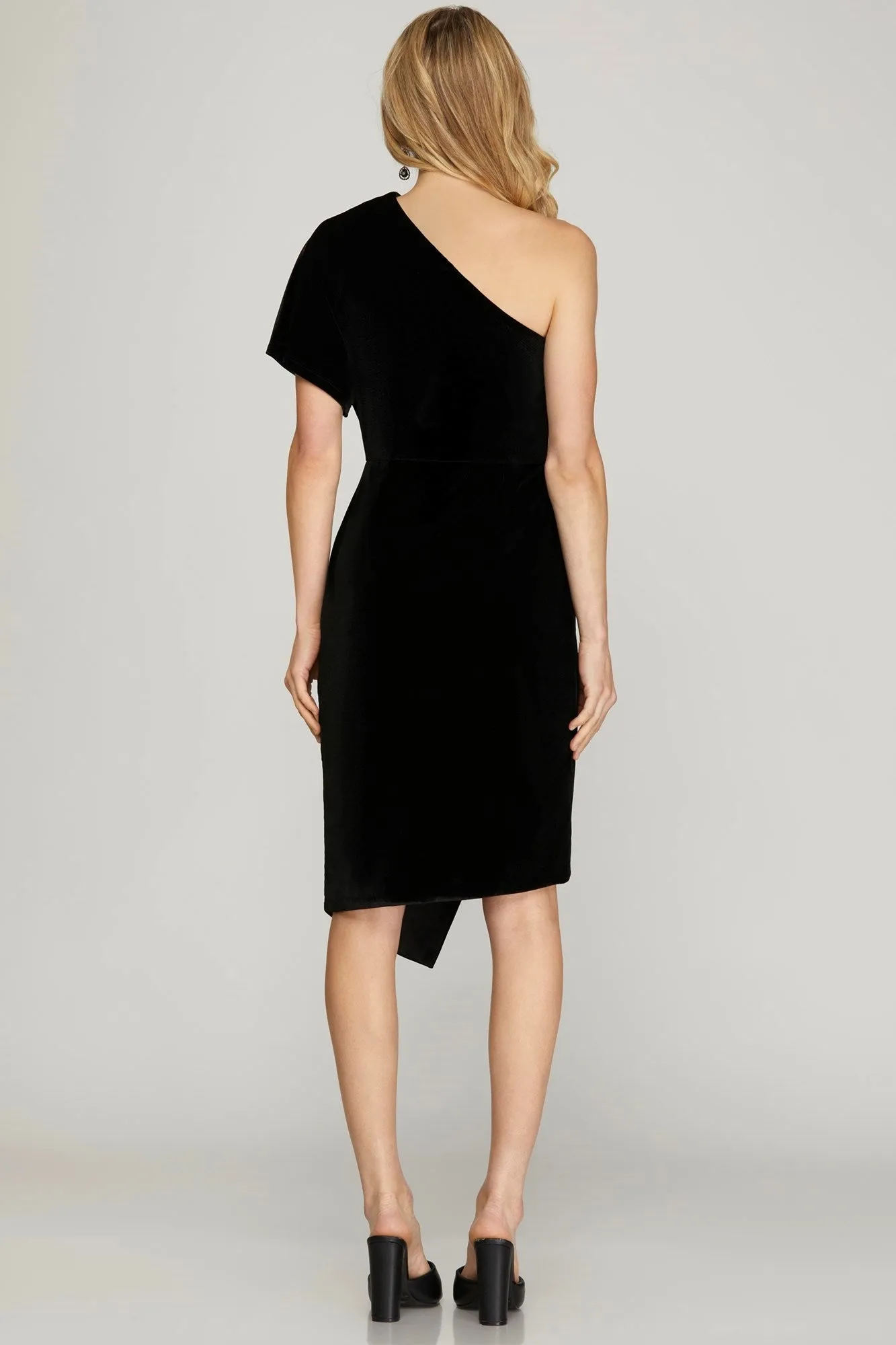 One Shoulder Velvet Wrap Dress - Black