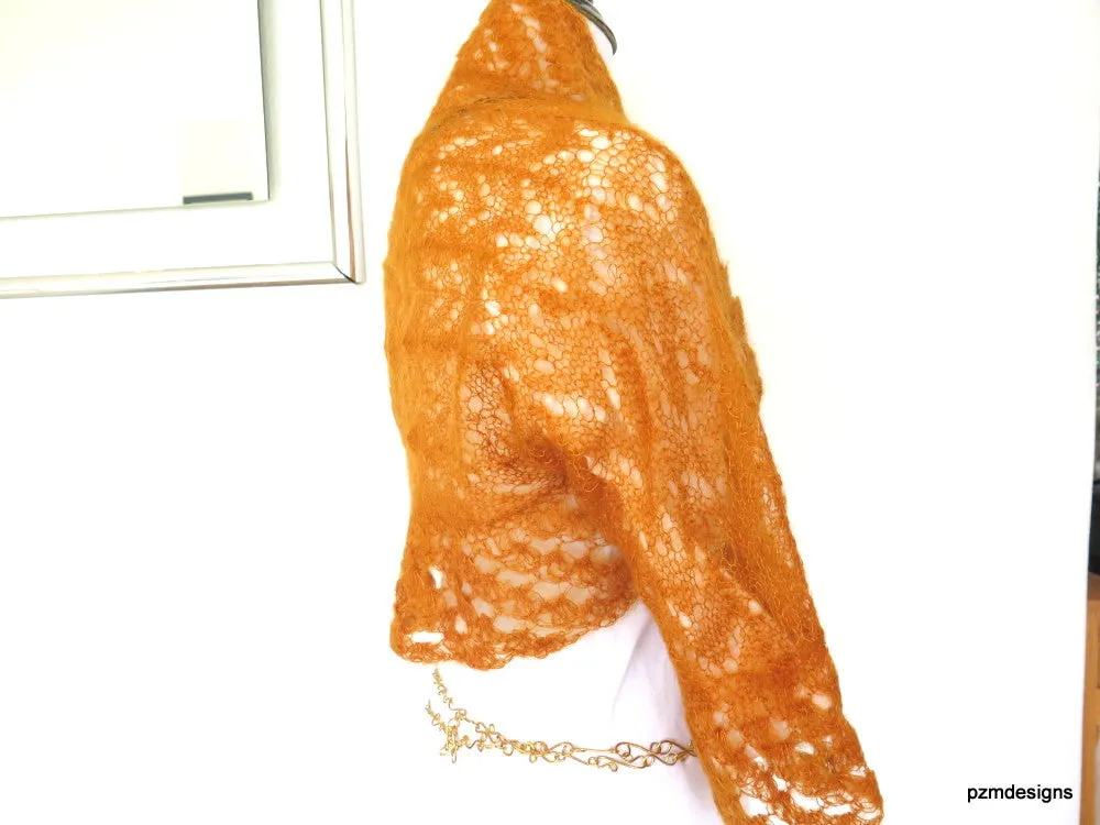 Orange Hand Knit Silk Mohair Sweater Shrug, Luxury Knitwear