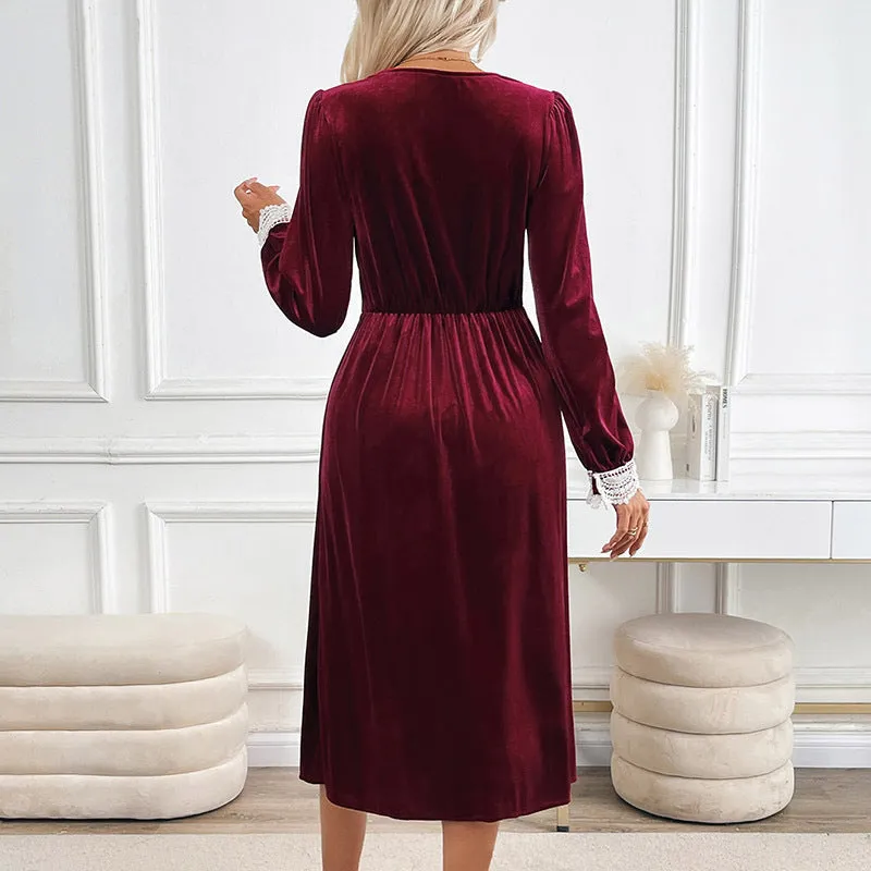 PEOPLETERRITORY  women's clothing New autumn and winter party velvet dress autumn and winter lace splicing retro  dress dress