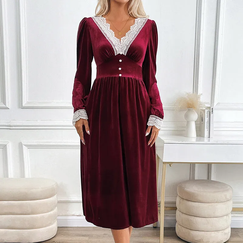 PEOPLETERRITORY  women's clothing New autumn and winter party velvet dress autumn and winter lace splicing retro  dress dress