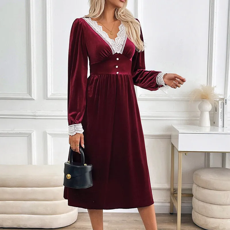 PEOPLETERRITORY  women's clothing New autumn and winter party velvet dress autumn and winter lace splicing retro  dress dress