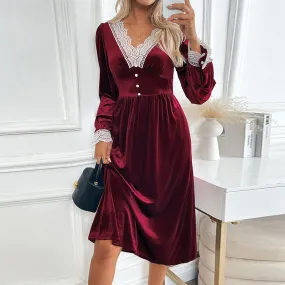 PEOPLETERRITORY  women's clothing New autumn and winter party velvet dress autumn and winter lace splicing retro  dress dress