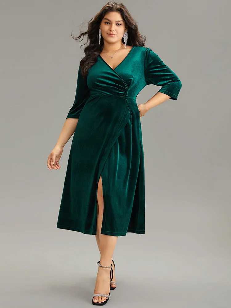 Plain Velvet Wrap Gathered Split Front Dress