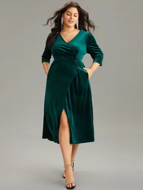 Plain Velvet Wrap Gathered Split Front Dress